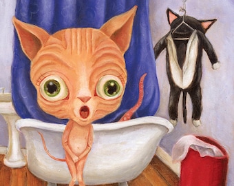 Big Eye Nude Sphinx Cat, Humorous Bathroom Decor, Sphynx Cat Art