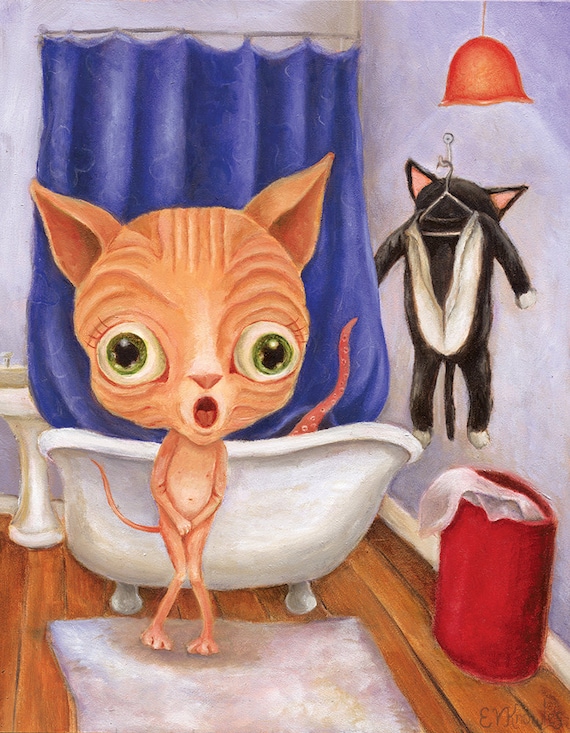 Big Eye Nude Sphinx Cat, Humorous Bathroom Decor, Sphynx Cat Art