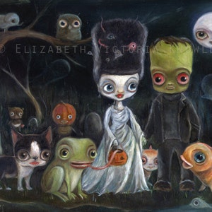 May include: A painting of a group of Halloween characters, including Frankenstein's monster, his bride, a frog, a fish, a dog, and a pumpkin. The characters are all dressed in costumes and are walking through a dark forest. The painting is done in a whimsical style with bright colors and cartoonish features.