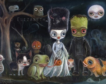 Frankenstein & Bride Wedding portrait, Pop Surrealism,  Big Eye, Cute Monsters, Halloween, Knowles., Print Size options available