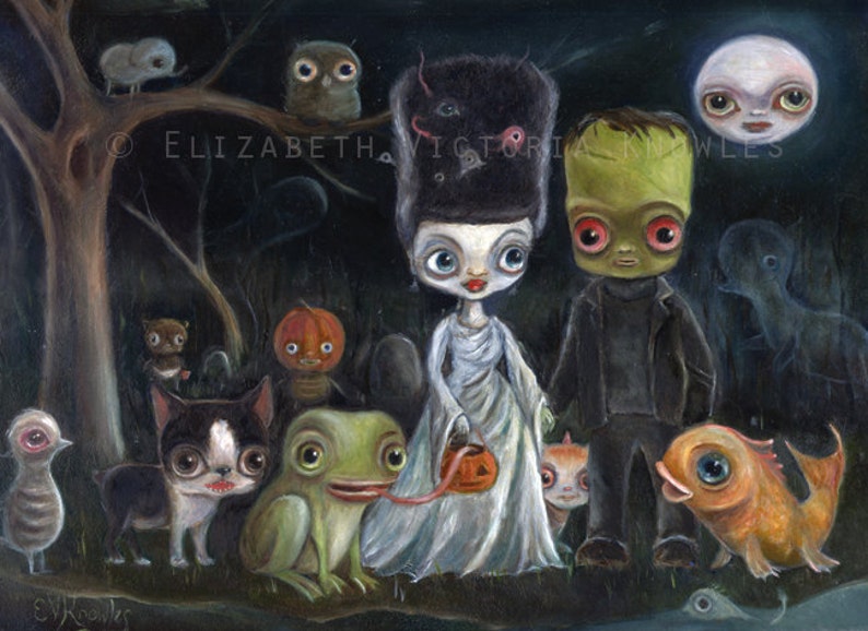 May include: A painting of a group of Halloween characters, including Frankenstein's monster, his bride, a frog, a fish, a dog, and a pumpkin. The characters are all dressed in costumes and are walking through a dark forest. The painting is done in a whimsical style with bright colors and cartoonish features.