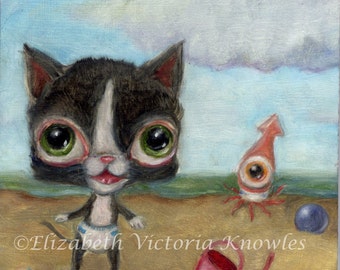 Baby Kitten & Squid in Diapers, Beach scene, Big Eye, Lowbrow, Ugly Cute, Knowles, Print Size Options Available