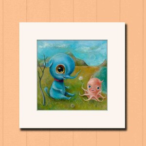 Blue Baby Elephant & Octopus Print, Creepy Cute Nursery Art, Lowbrow Pop Surrealism image 2