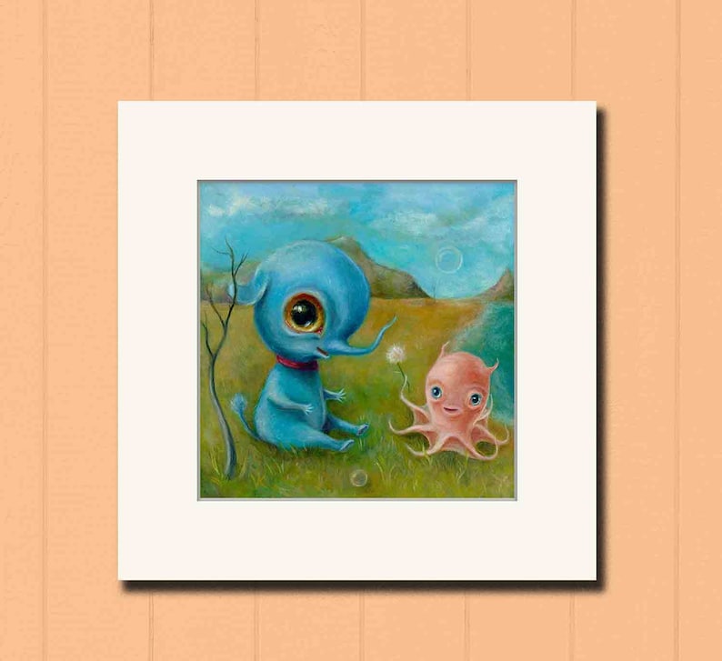 Blue Baby Elephant & Octopus Print, Creepy Cute Nursery Art, Lowbrow Pop Surrealism image 2