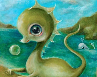 Baby Sea Monster & Whale Print, Creepy Cute Nursery Art, Lowbrow Pop Surrealism