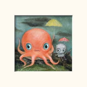 Leuke Octopus Print, Big Eye Art, Cute Monster Art, Matted Art Print, Griezelige Cute Nursery Art, Lowbrow Art, Pop Surrealisme, Vriendschap kunst afbeelding 2