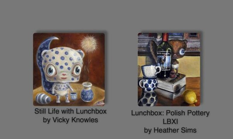 May include: Two paintings of still life scenes. The first painting features a blue and white creature with a lunchbox and a small vase. The second painting features a blue and white ceramic mug, a bottle of wine, and a book. The text "Lunchbox: Polish Pottery LBXI by Heather Sims" is below the second painting.