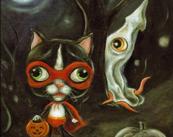 Halloween Cat Art Print, Squid Print, Halloween Print, Tuxedo Cat print, Big Eye Art, Pop Surrealism, Lowbrow Art, Matted print, 8x10 print