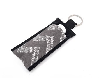 Chapstick Holder Keychain, Lip Balm Holder, Chapstick Holder, Lip Balm Keychain, Fabric Chapstick Keychain, Lip Balm Case, Gray Chevron