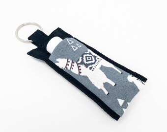 Chapstick Holder Keychain, Fabric Lip Balm Holder, Chapstick Holder, Lip Balm Keychain, Lip Balm Case, Llamas, Gray Lip Balm Holder