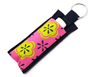 Chapstick Holder Keychain, Lip Balm Holder, Chapstick Holder, Lip Balm Keychain, Lip Balm Case, Pink & Green Mod Flowers Chapstick Keychain