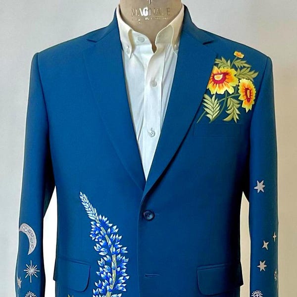 Men Blue Bespoke 2 Piece Floral Embroidered Country Style Suit Country Wedding Suits
