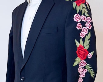 Men Custom Floral Embroidered Western Suit – Black Custom-made