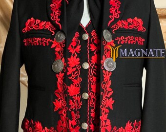 Men Black Customized Red Mariachi 3 Piece Embroidered Charro Suit Custom Groom Wedding Suits