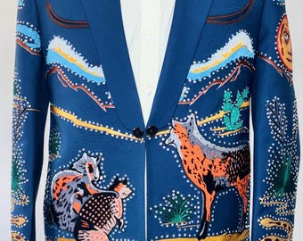 Men Blue Customized Country Western Men&#39;s Piece Blue Suit Snake Cactus Eagle Theme Embroidered Wedding Cocktail Attire Groom&#39;s Western Suit