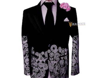 Men Customized Black Floral Embroidered Country Western Cowboy Wedding Suits Country Style Outfits Cocktail Attire Groomsmen Wedding Outfits