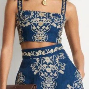 Women Custom Blue 2Pc Floral Embroidered Top & Skirt Western Wedding Suit Cocktail Attire Bridal Wedding Summer Wedding Suits Prom Outfits