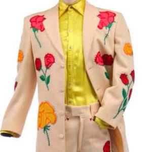 Men&#39;s Beige Custom Made 2 Piece Suits Rose Embroidered Groom&#39;s Western Wedding Suit Country Outfits Stage Attire Country Attire Western Suit
