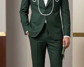 Men's Green 2Pc Floral Embroidered Country Western Suits for Wedding