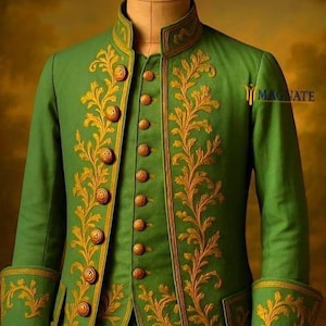Men&#39;s Green Customized 3Pc floral Embroidered 18th Century Rococo Period Suits Venetian Carnival Outfits Theatre Costumes Mardi Gras Outfit