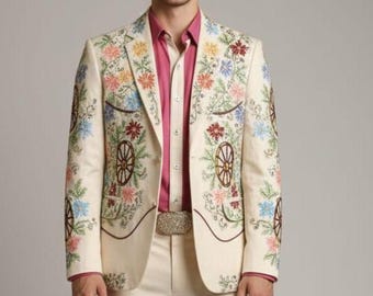 Men's Ivory Customized 2PC Suit Western Suit Embroidered Cowboy Wedding Outfit