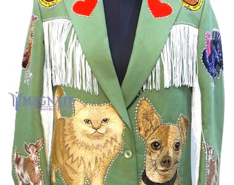 Tweedelige damesset met geborduurde dierenfranjes en broek - aangepast country-westernkostuum