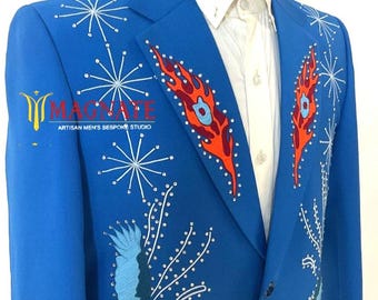 Men Blue 2Pc Bespoke Suits Floral Embroidered Rhinestone Groom's Country Western Suits