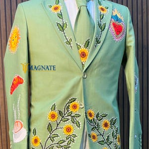 Cowboy 2 Piece Palm Green Pantsuit Set Custom Made Cotton Floral Embroidered High Waisted Pants Beach Wedding 2Pc Vintage Rodeo Style Outfit