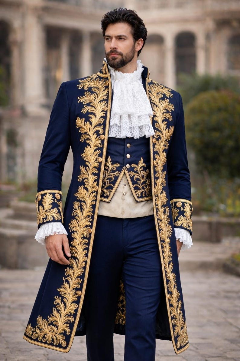 K&ouml;nnte beinhalten: Ein marineblauer Anzug mit goldener Stickerei. Der Anzug besteht aus einem langen Mantel, einer Weste und einer Hose. Der Mantel hat verzierte goldene Blattmuster an den R&auml;ndern und Manschetten. Ein wei&szlig;es R&uuml;schenhemd ist sichtbar.
