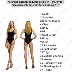 Puede incluir: Imagen de dos mujeres en bodys negros con puntos de medici&oacute;n rojos. El texto dice: "Crafting elegance requires precision - share your measurements carefully for a bespoke fit." Se enumeran los puntos de medici&oacute;n.