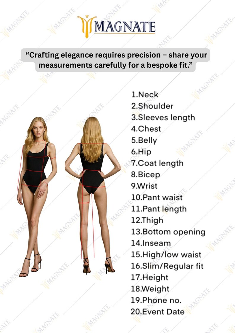 Puede incluir: Imagen de dos mujeres en bodys negros con puntos de medici&oacute;n rojos. El texto dice: "Crafting elegance requires precision - share your measurements carefully for a bespoke fit." Se enumeran los puntos de medici&oacute;n.