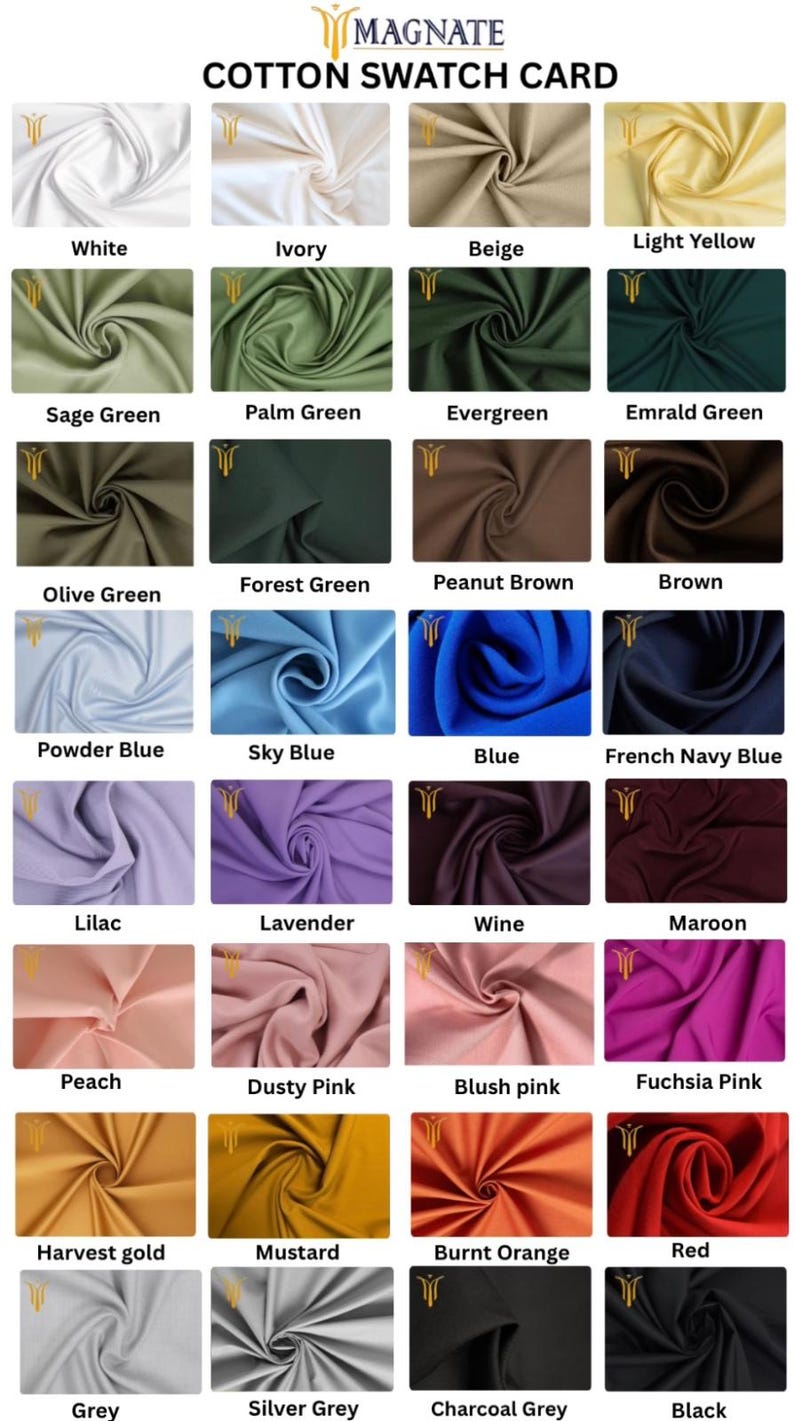 K&ouml;nnte beinhalten: Baumwoll-Farbmusterkarte mit einer Vielzahl von Stofffarben. Die Karte zeigt Muster in Farbt&ouml;nen wie Wei&szlig;, Elfenbein, Beige und Hellgelb. Weitere Farben sind Salbeigr&uuml;n, Palmgr&uuml;n und Puderblau. Die Karte zeigt auch den Markennamen "MAGNATE".