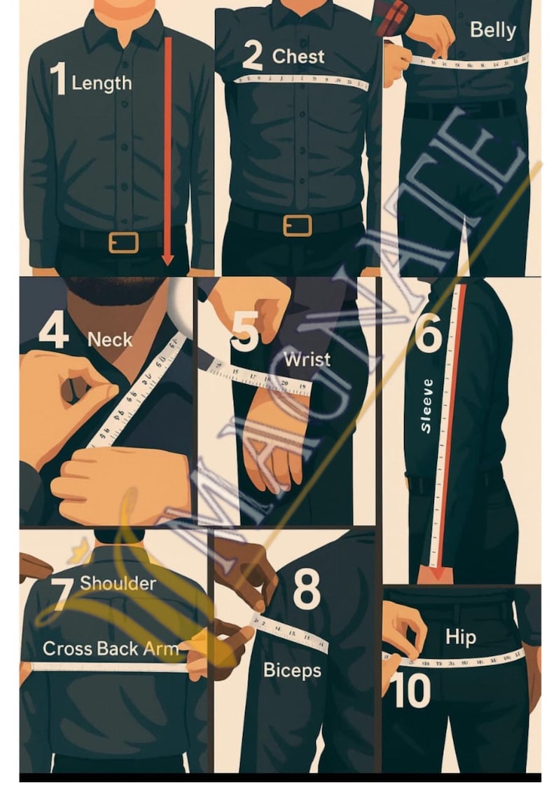 K&ouml;nnte beinhalten: Diagramm zur Messung f&uuml;r ein ma&szlig;geschneidertes Hemd. Das Bild zeigt eine Person, die f&uuml;r L&auml;nge, Brust, Bauch, Hals, Handgelenk, &Auml;rmel, Schulter, Bizeps und H&uuml;fte gemessen wird. Zahlen und Beschriftungen sind enthalten.