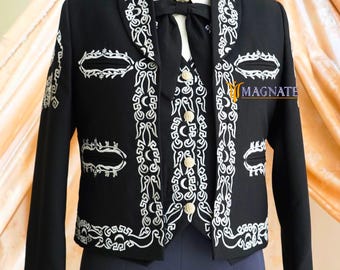 Men Customized Black Mariachi Suit: Silver Embroidered Mexican Groom Attire