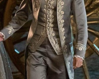 Men Grey 3Pc History Suit Floral Embroidered 18th Century Customize Rococo Period Costume Theatre Cosplay Venetian Carnival Costumes for Men