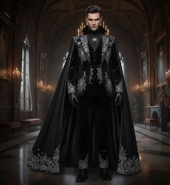Men's Black Customize 4Pc Suit Spyder Embroidered Halloween Wedding Groom's Suit Cocktail Attire