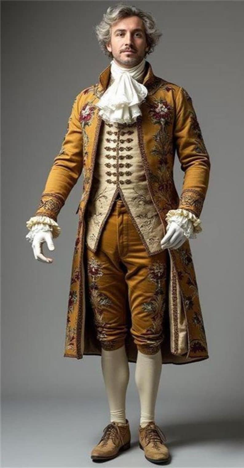 Men Customized Rococo Costume 3PC: Mustard Silk Floral Embroidered ...