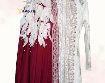 Men’s White 3-Piece Sherwani | Custom Pearl & Floral Embellished Wedding Outfit
