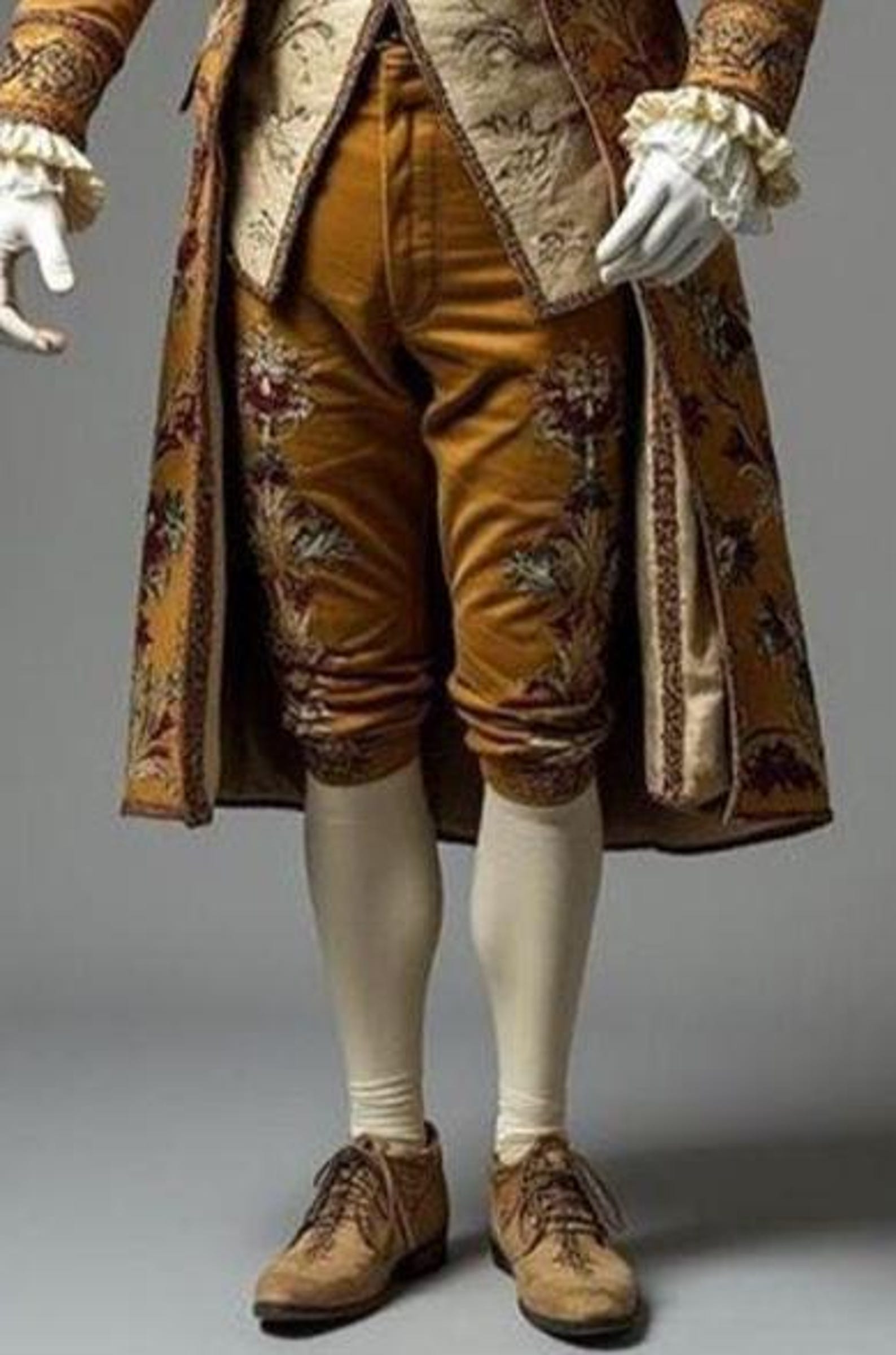 Whimsical Rococo Men Men Customized Rococo Costume 3PC: Mustard Silk Floral Embroidered ...