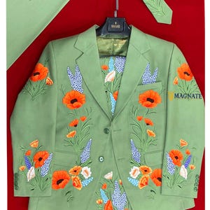 Men Palm Green 2 Piece Pantsuit Matching Tie Set Customized Floral Embroidered Country Western Suits Vintage Western Suits Cocktail Attire