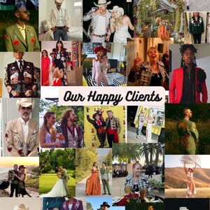 K&ouml;nnte beinhalten: Eine Collage von Bildern mit Personen in verschiedenen Outfits, darunter Anz&uuml;ge, Jacken und Hochzeitskleidung. Der Text "Our Happy Clients" ist in der Mitte zu sehen. Die Bilder zeigen eine Reihe von Stilen und Umgebungen.