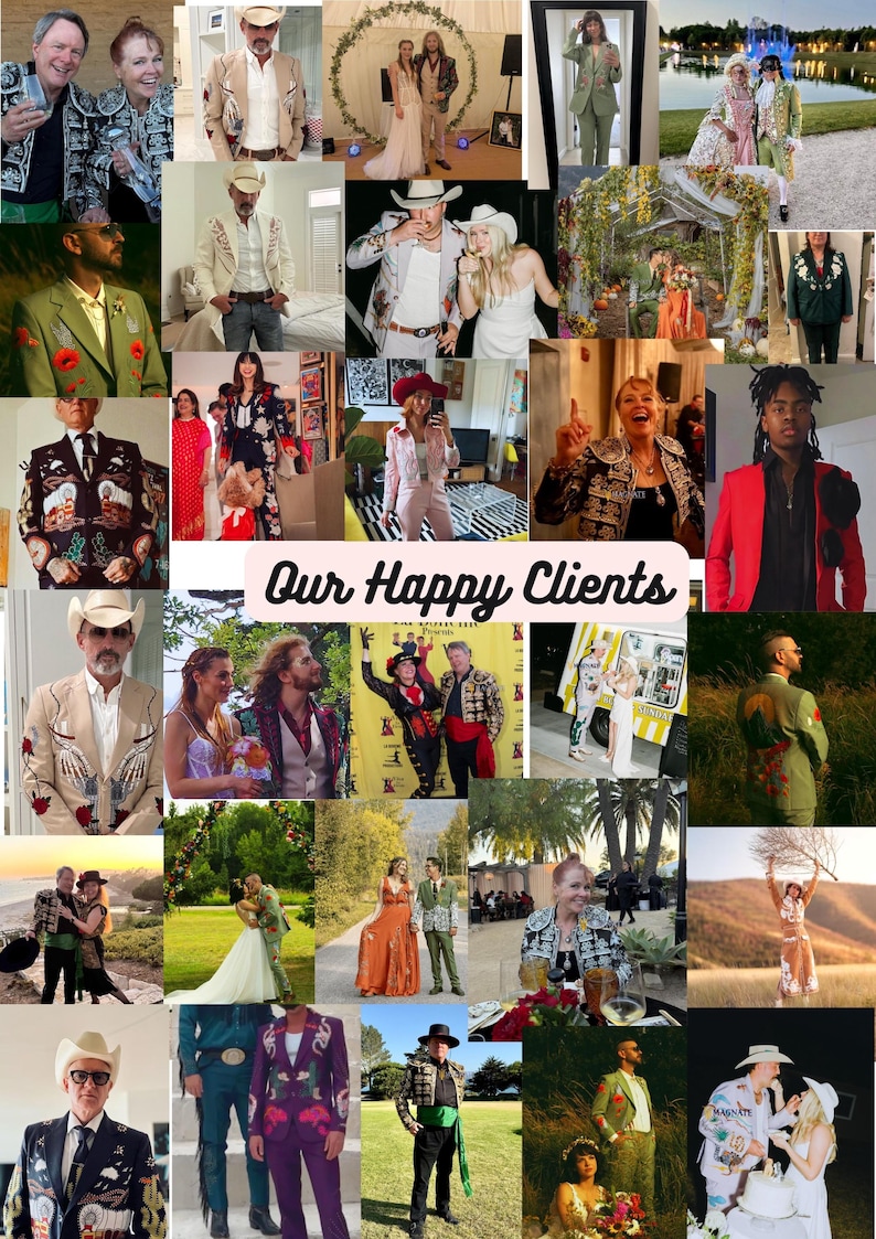 K&ouml;nnte beinhalten: Eine Collage von Bildern mit Personen in verschiedenen Outfits, darunter Anz&uuml;ge, Jacken und Hochzeitskleidung. Der Text "Our Happy Clients" ist in der Mitte zu sehen. Die Bilder zeigen eine Reihe von Stilen und Umgebungen.