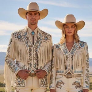 May include: Two people wearing matching cream-colored cowboy outfits. Each outfit includes a fringed jacket with blue and turquoise embroidery, matching pants, and a cowboy hat. The outfits have a Western theme.