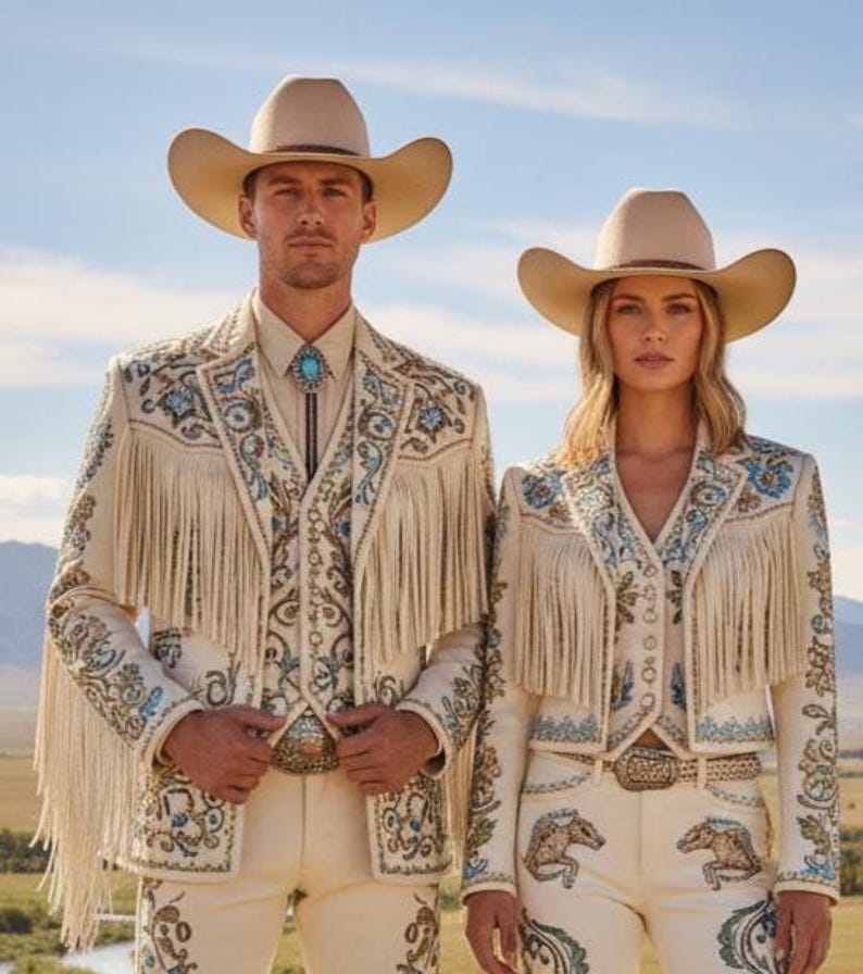 May include: Two people wearing matching cream-colored cowboy outfits. Each outfit includes a fringed jacket with blue and turquoise embroidery, matching pants, and a cowboy hat. The outfits have a Western theme.