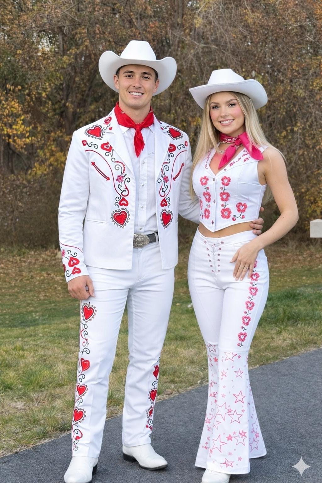Men Women White Customized Matching Wedding Western Outfit: Embroidered Cowboy & Cowgirl Suit