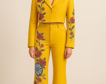 Kostuumset dames in westernstijl, gele geborduurde cowgirl-outfit met strassteentjes, country-concertkleding