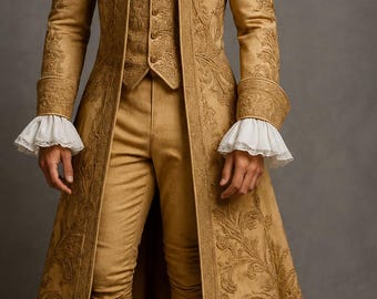 May include: A gold-colored, embroidered, three-piece suit with a long coat, vest, and breeches. The coat and vest feature ornate floral patterns. The outfit includes a white ruffled neckpiece and cuffs. The shoes are brown.