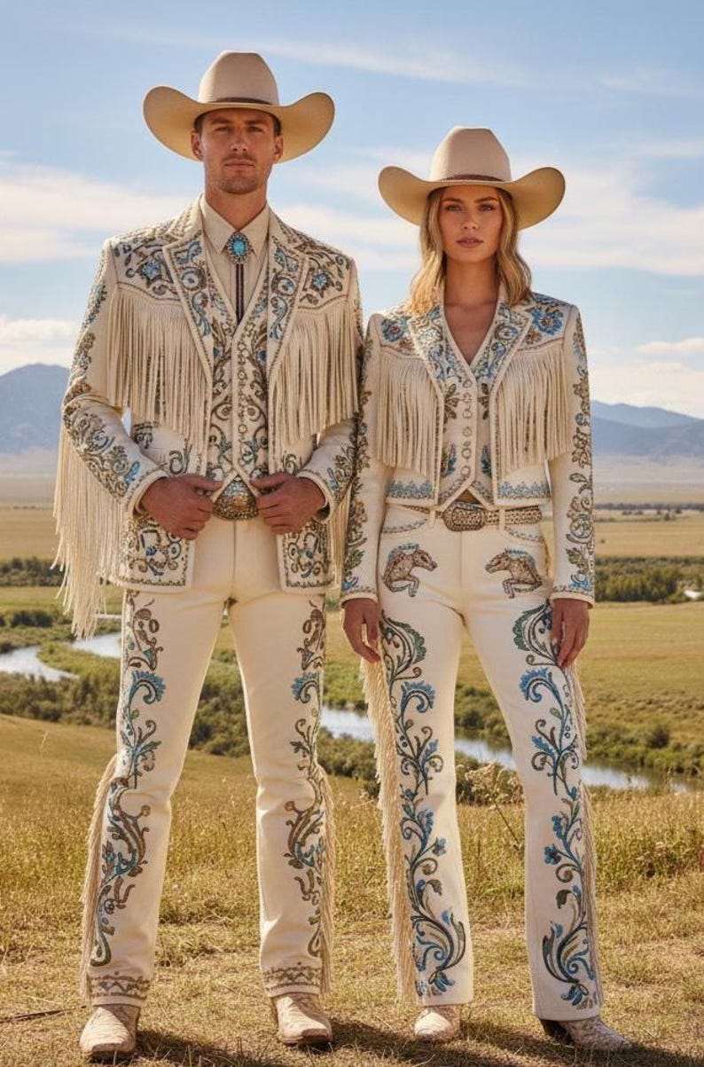 May include: Matching cream-colored cowboy outfits with intricate embroidery and fringe. The outfits include jackets, vests, and pants, paired with cowboy hats and boots. The embroidery features floral and horse motifs, with accents of blue and gold.