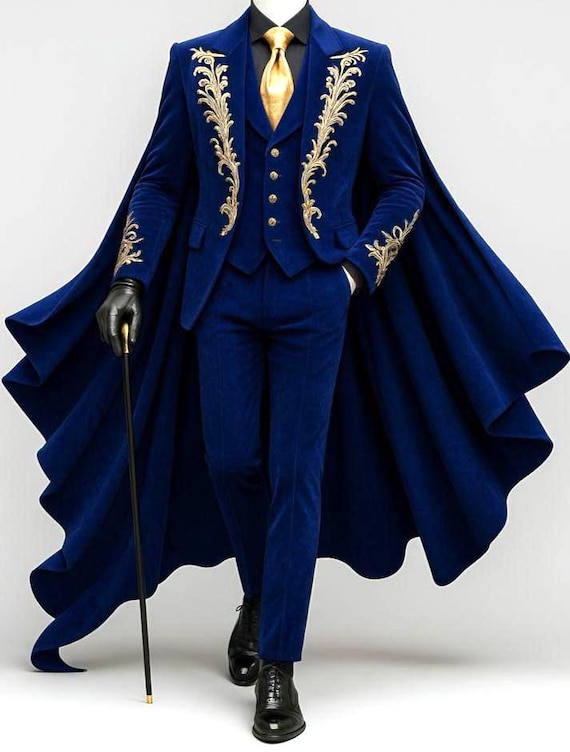 well dressed man blue velvet Men Rococo Suit this gold