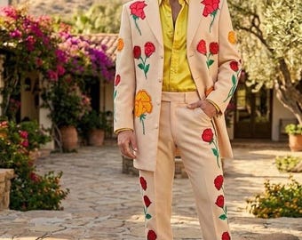 Men's Beige Custom Made 2 Piece Suits Rose Embroidered Groom's Western Wedding Suit